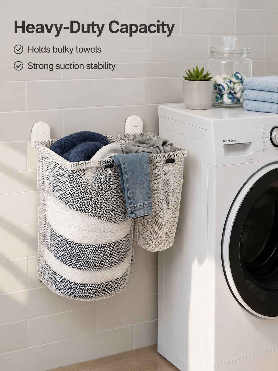 Double suction cup laundry basket, wall-mounted, no-drill, foldable, breathable, suitable for bathro