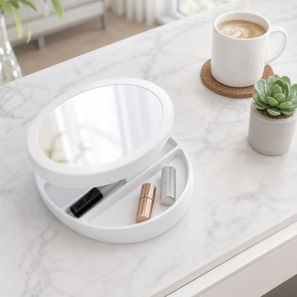 Compact lighted mirror for purse or handbag