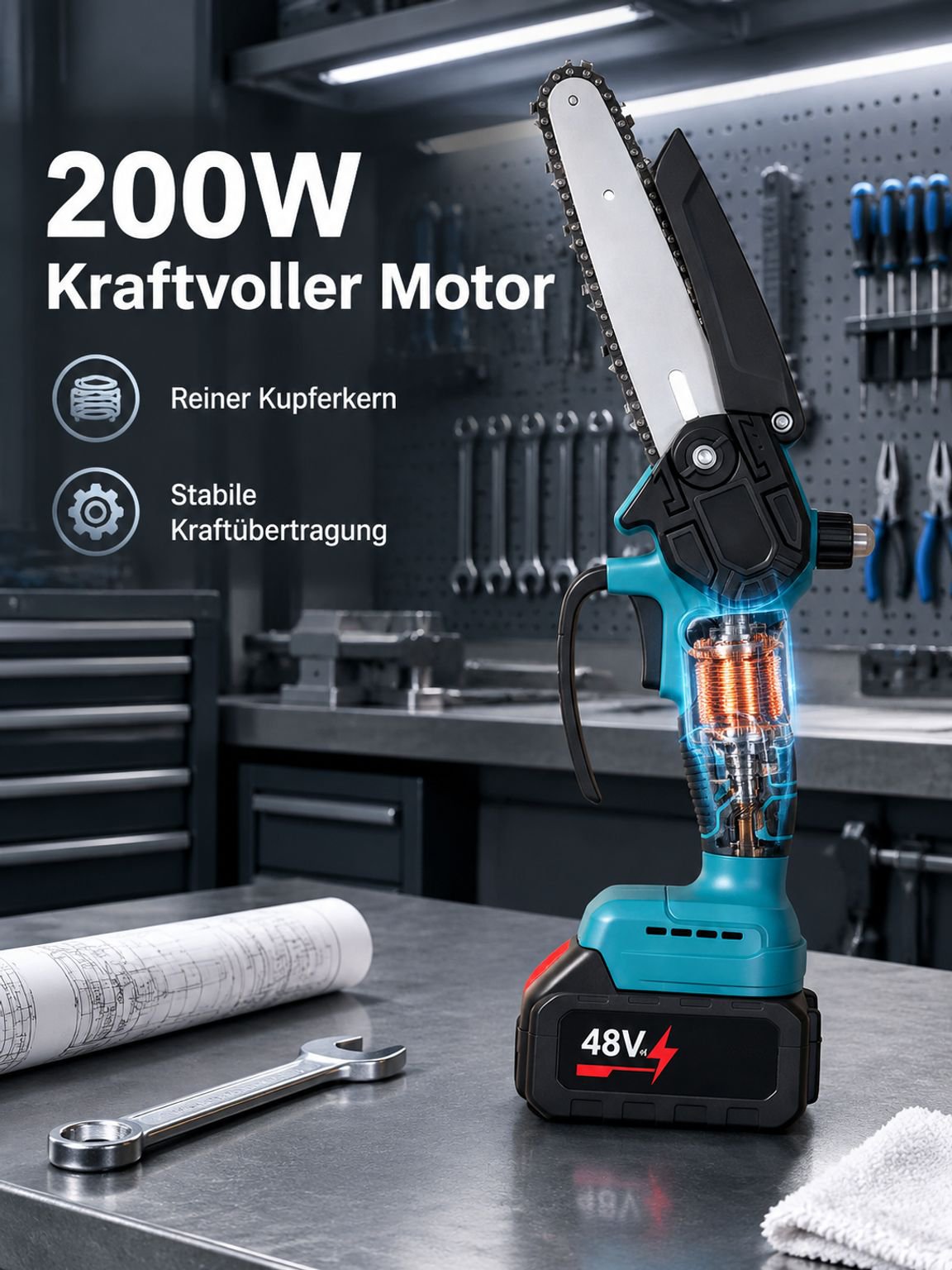 Akku-Handkettensäge in Aktion bei der Holzbearbeitung
