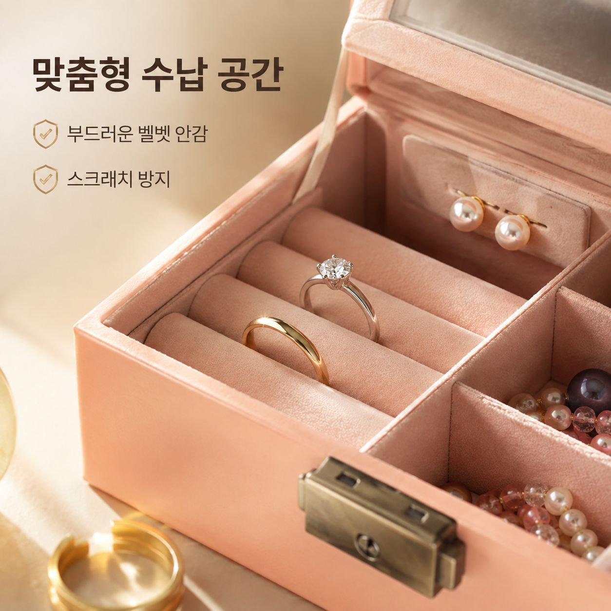 핑크 PU 2단 거울 목걸이 보관함