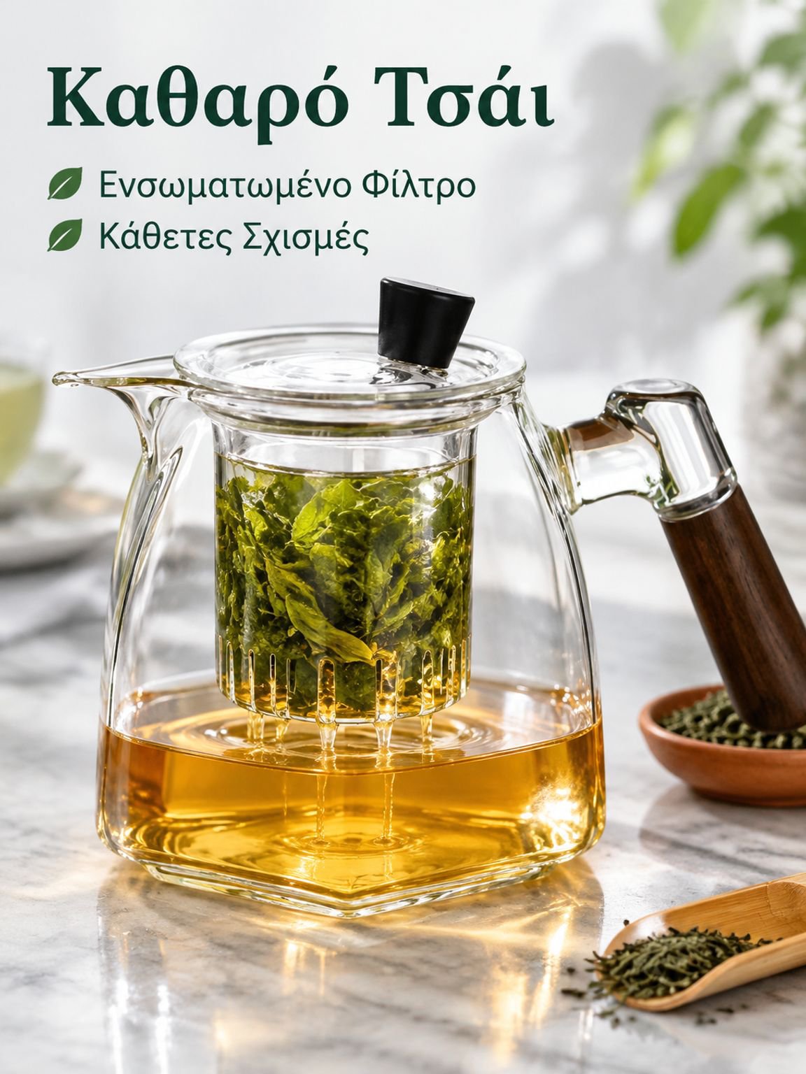 Γυάλινη τσαγιέρα με ξύλινη λαβή