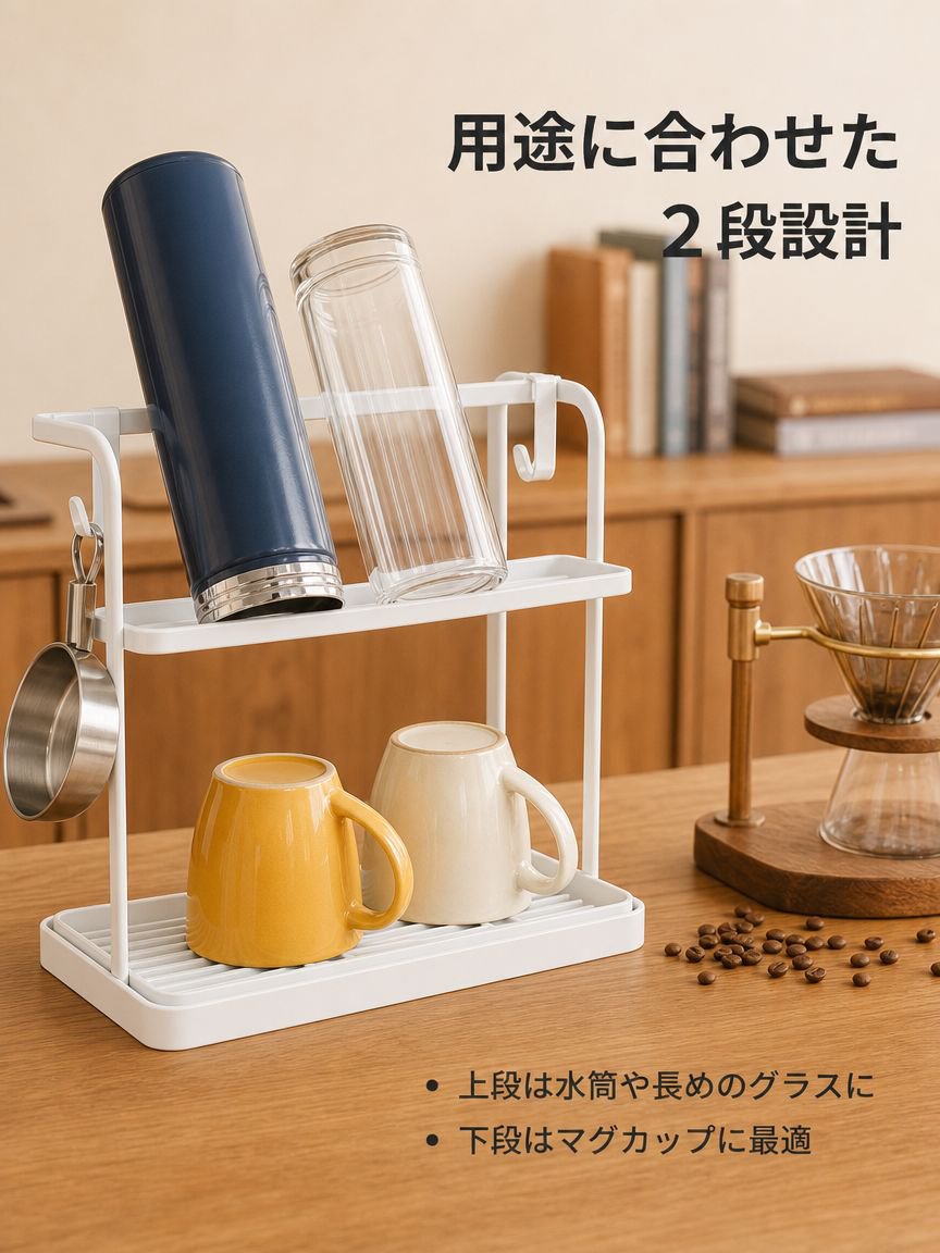 キッチンデスクトップ二層逆さ排水カップラック茶器収納ラック