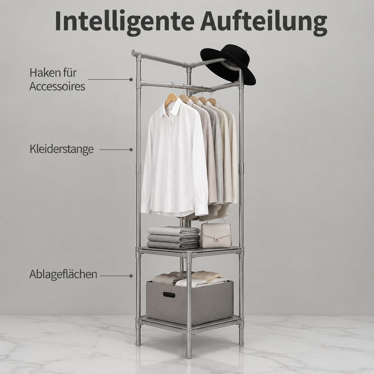 Freistehender, multifunktionaler Kleiderständer für Zuhause
