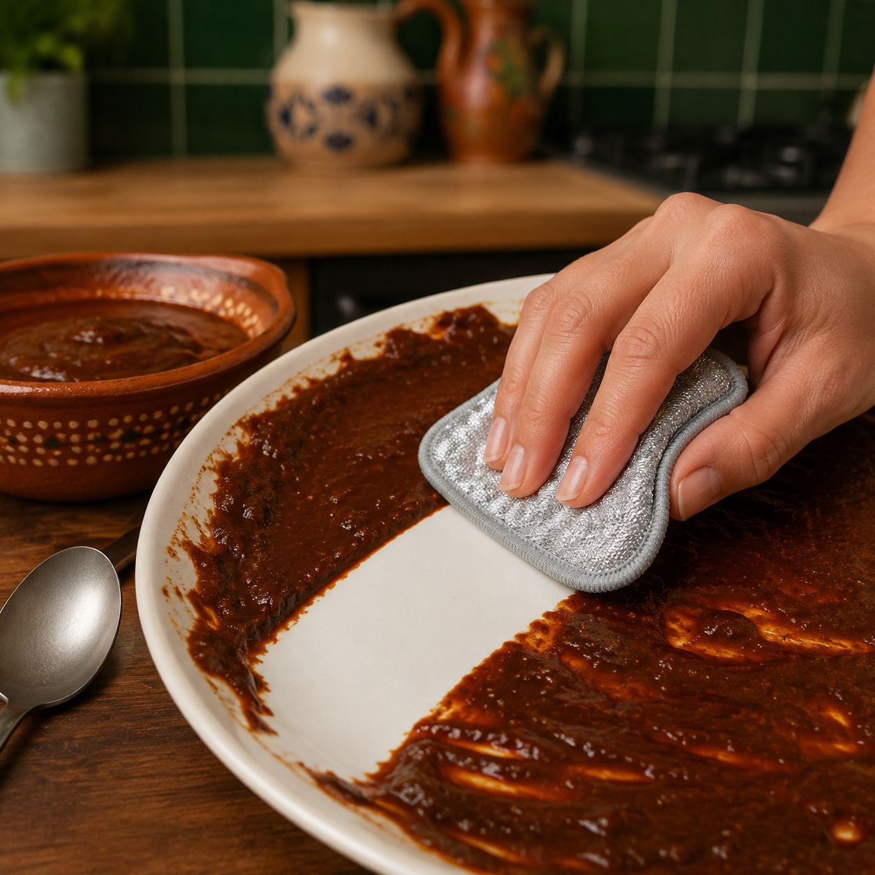 Trapo de cocina de hilo plateado grueso en uso