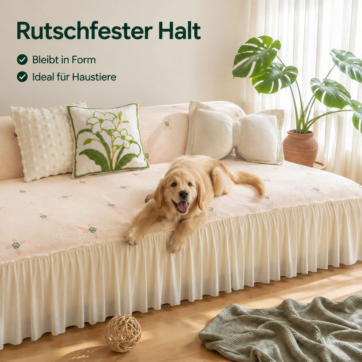 Vollständige Sofahusse mit Spitzenrüschen, Chenille-Stoff im Cream-Stil