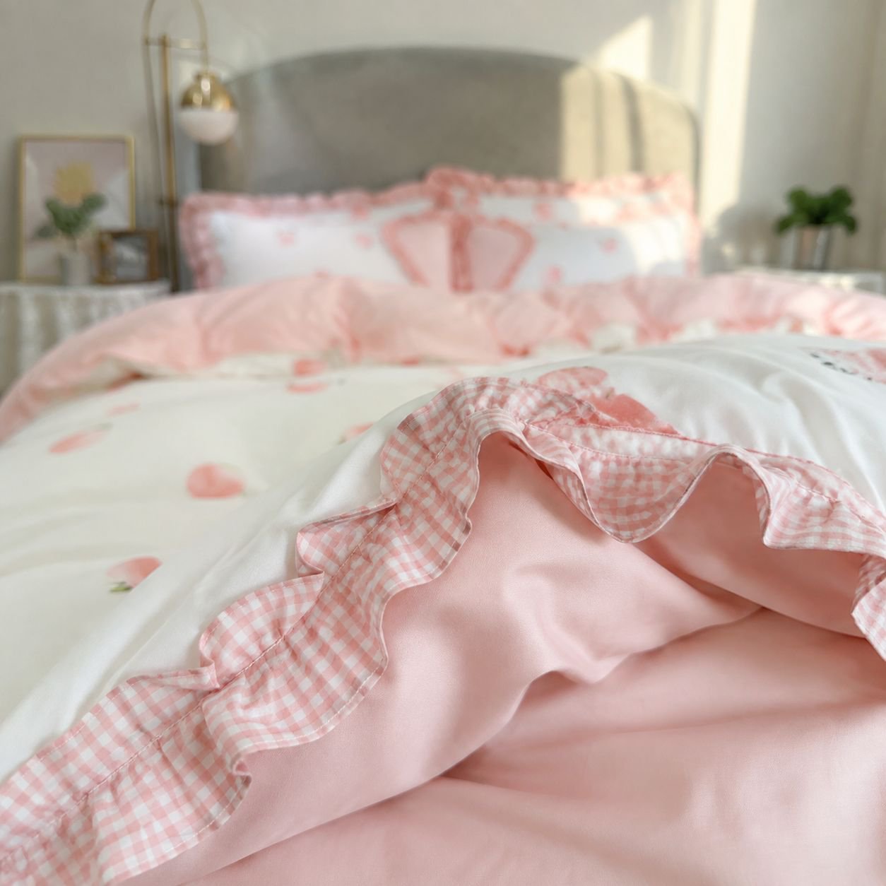 Double bed set with pink girly lace details