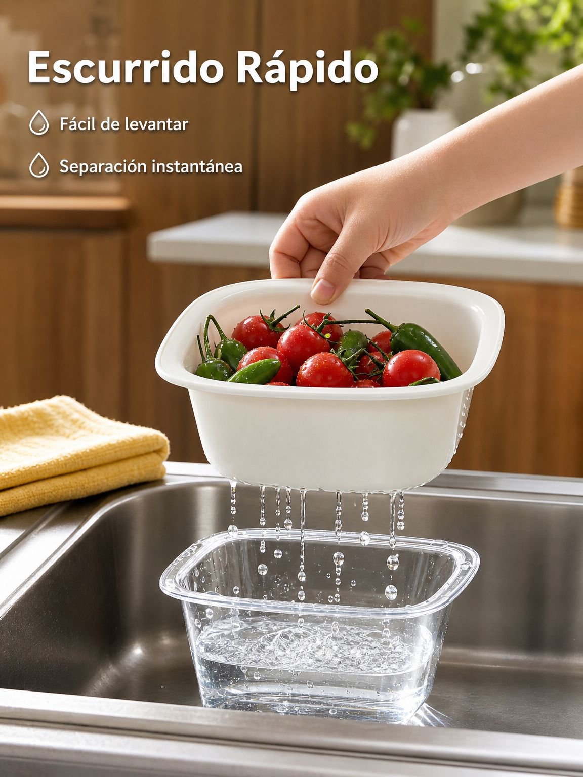 Cesta de drenaje gruesa para cocina, plato multiusos para verduras y frutas