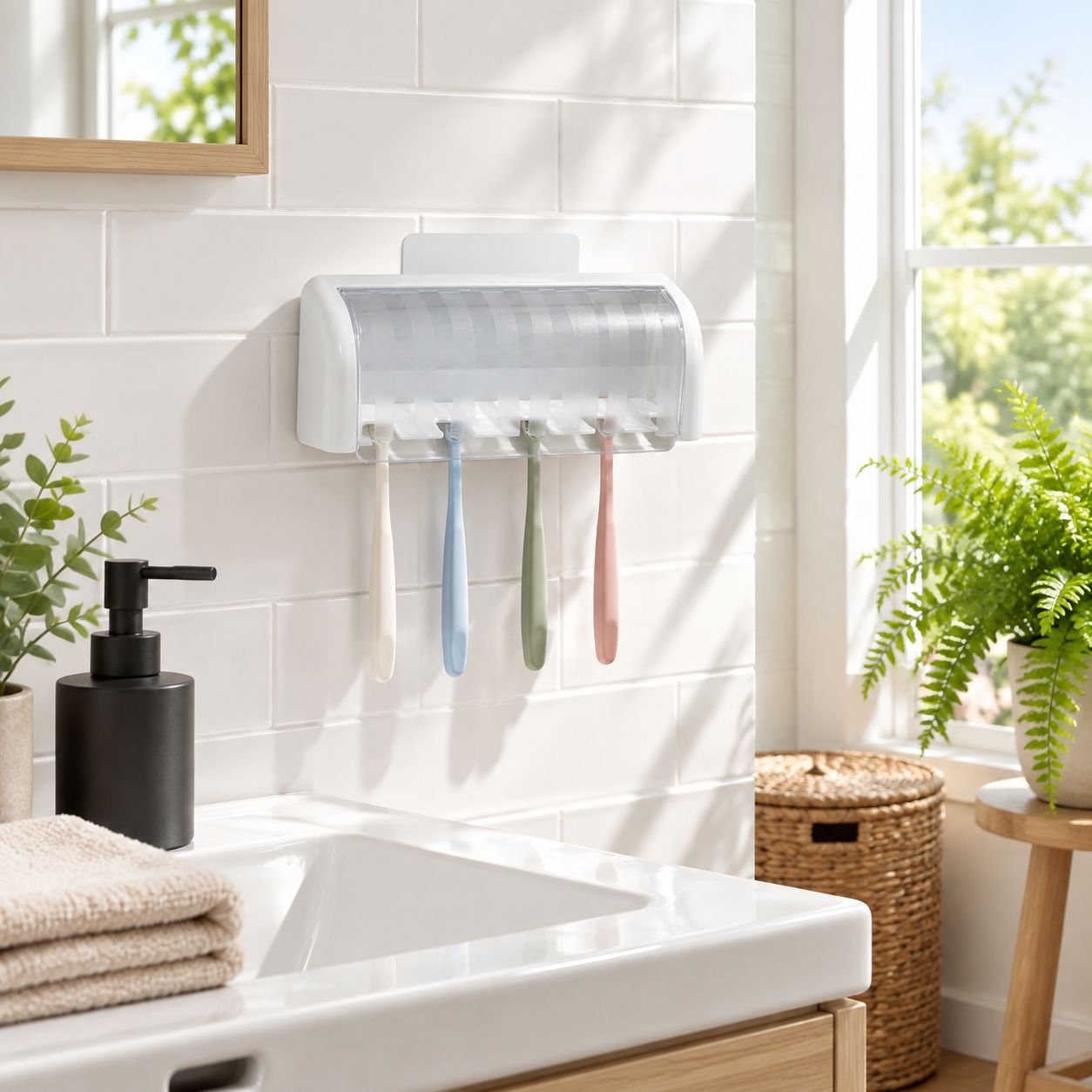 Multipurpose toothbrush holder for family bathroom