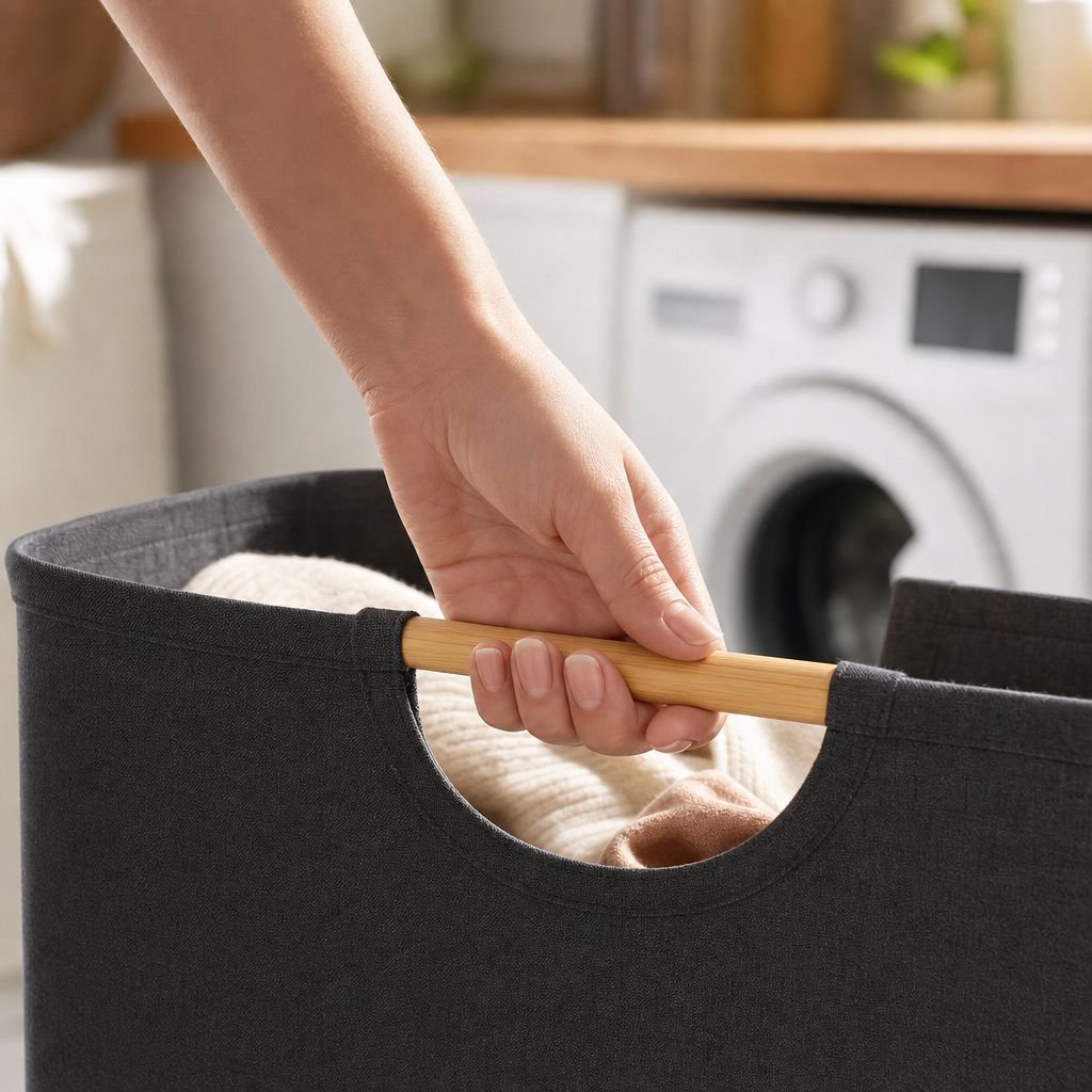 Spacious hamper holding clothes and towels