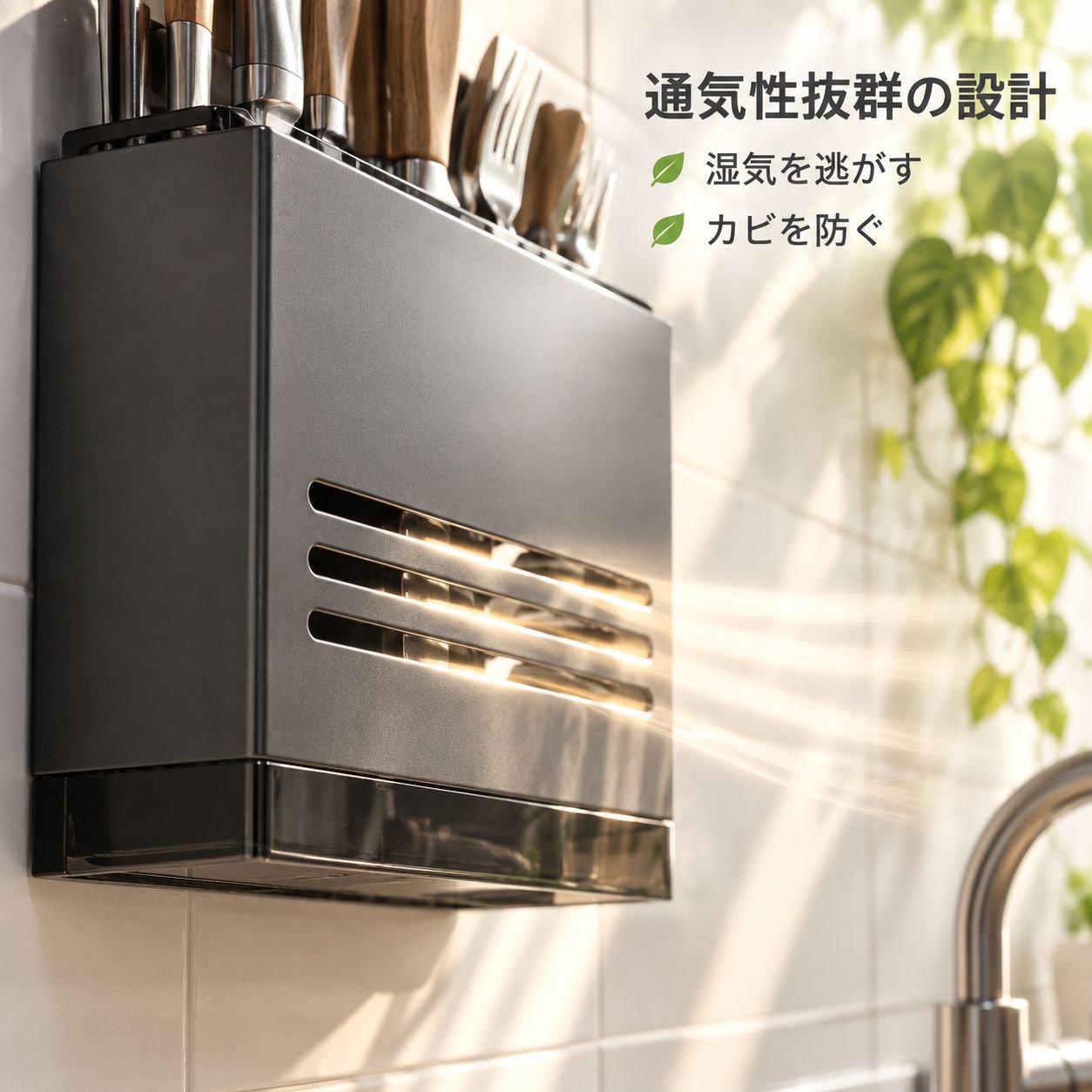 穴あけ不要の壁掛け式包丁・箸ラック