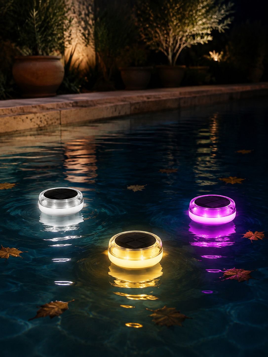 Luces flotantes solares decorando una piscina por la noche