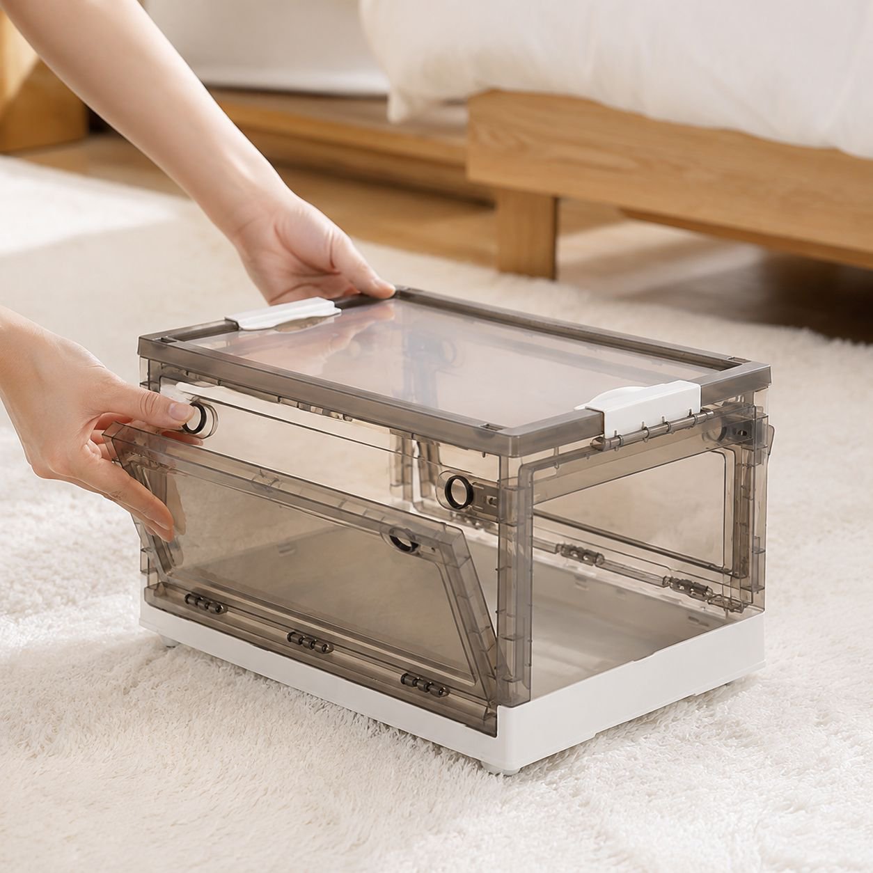 Durable foldable storage bin in modern interior