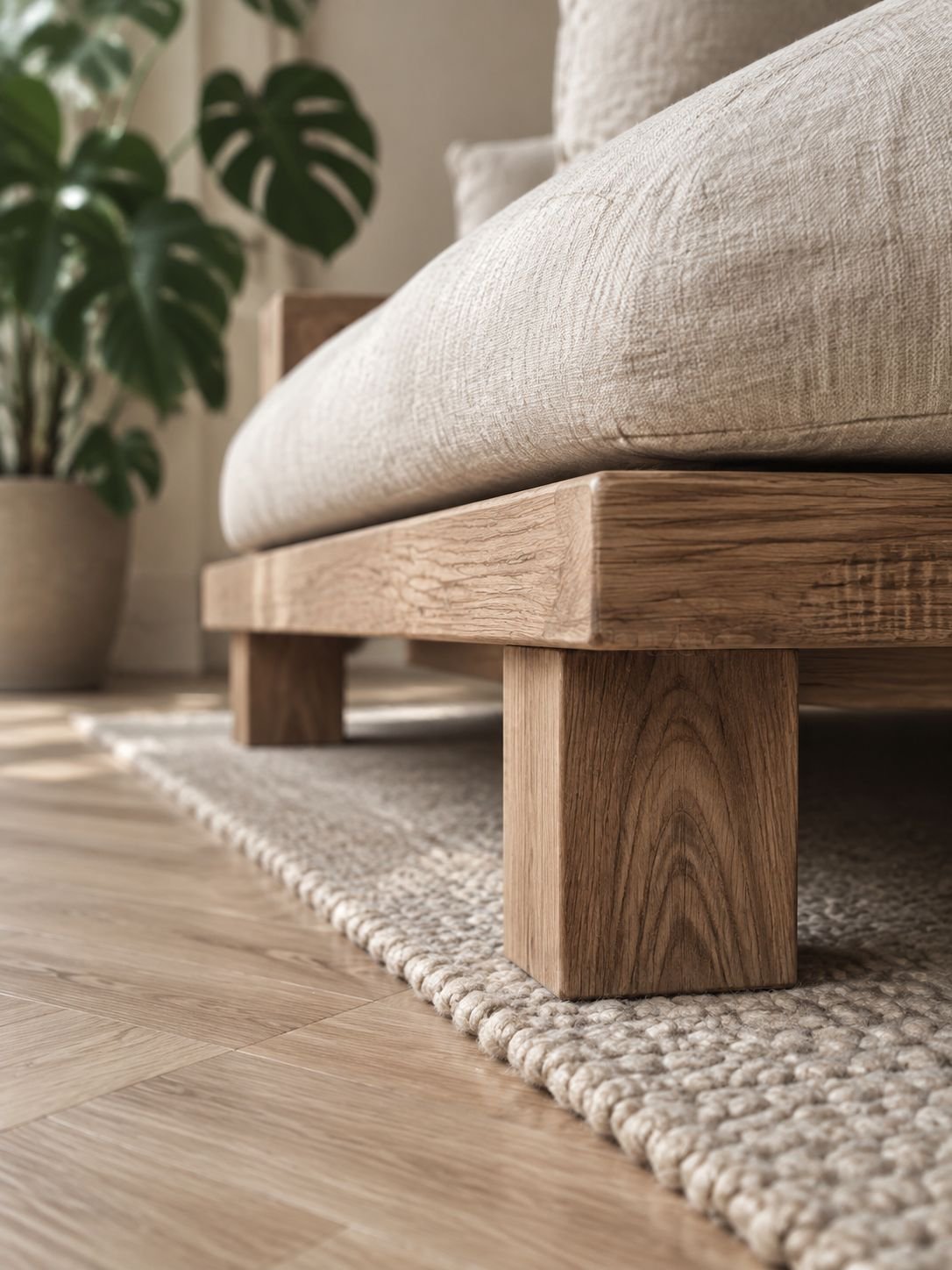 Natürliches Wohnzimmer mit Wabi-Sabi-Sofa aus Massivholz