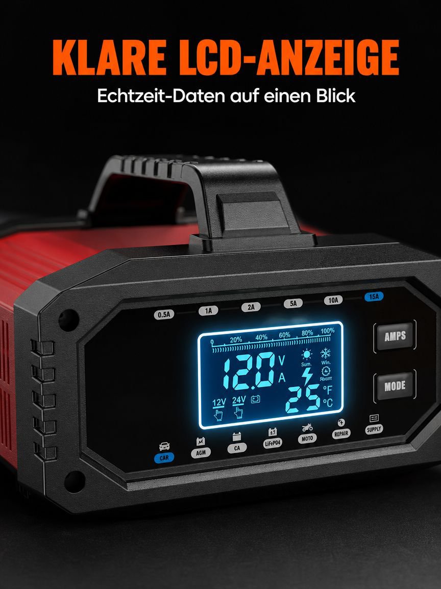 Motorrad-Ladegerät mit LCD-Anzeige in Nahaufnahme