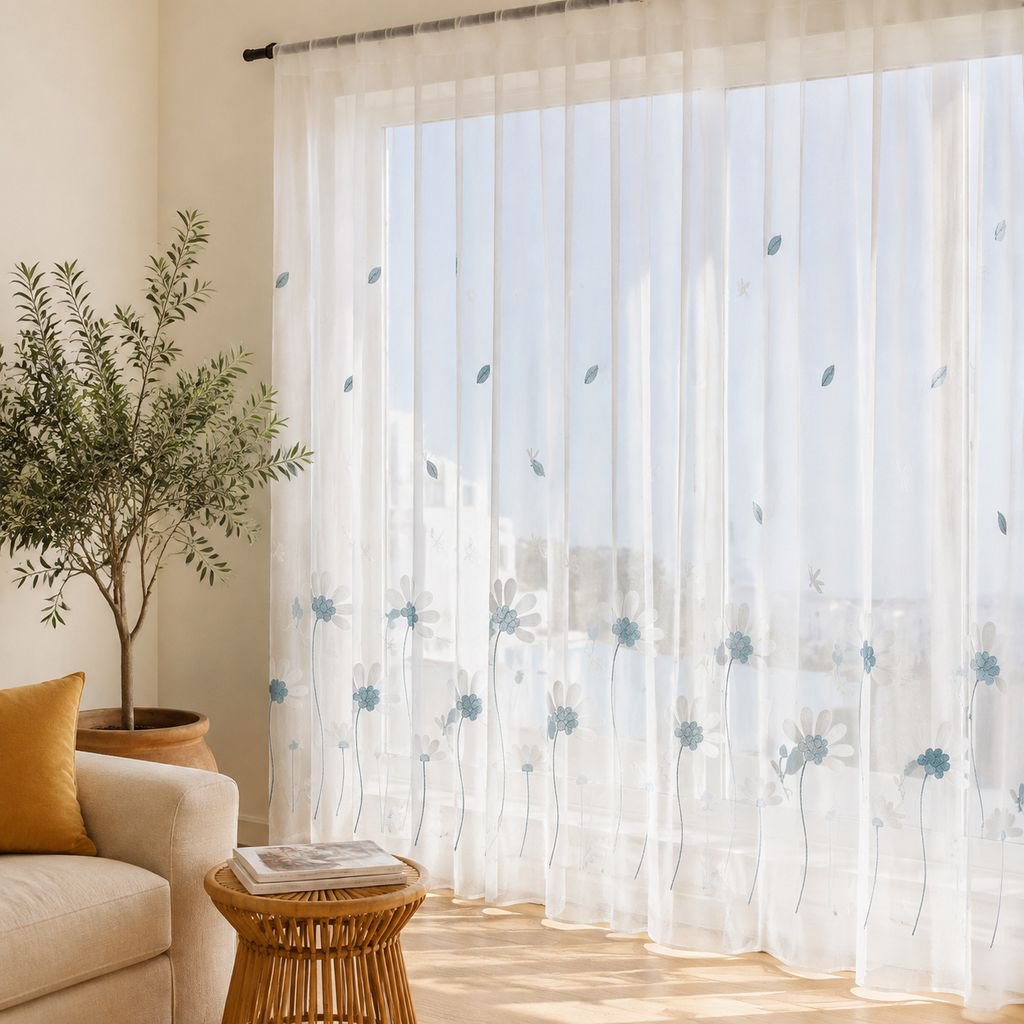 Cortinas de gasa minimalistas con diseño de margaritas para salón y dormitorio