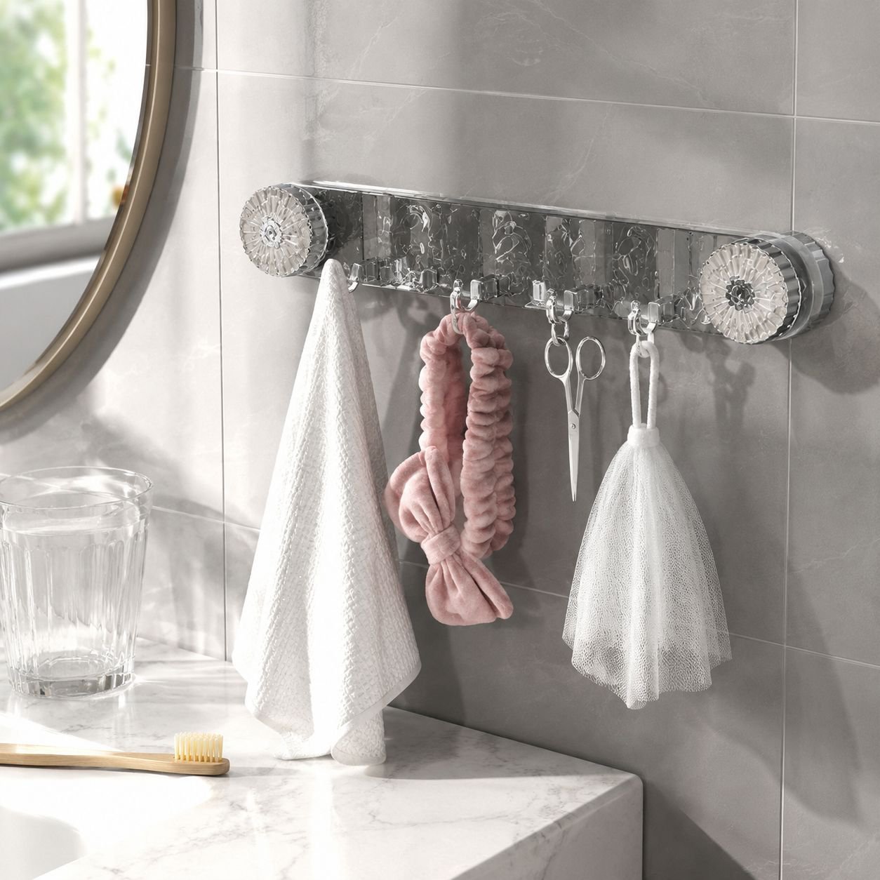 No-Drill Ripple Suction Cup Hook mounted on bathroom wall