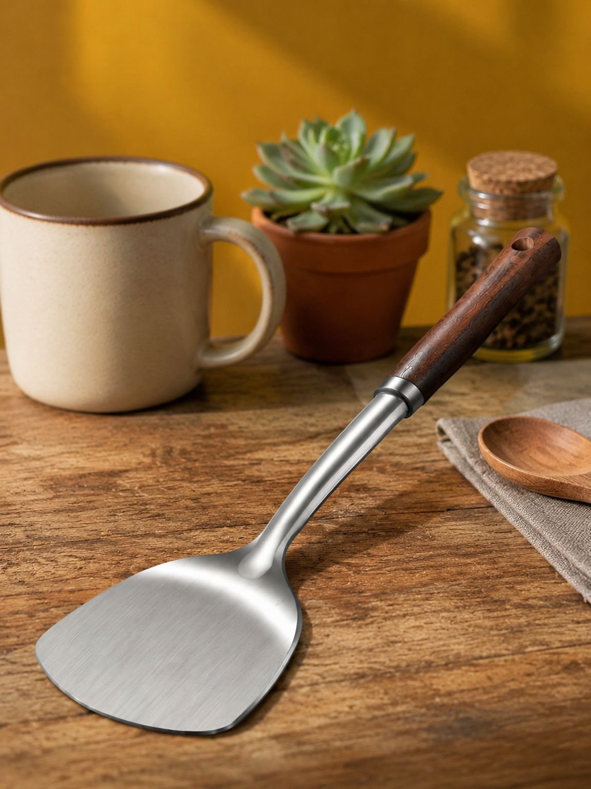 Espátula de acero inoxidable engrosada para cocinar.