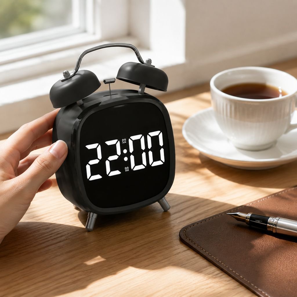 Loud alarm clock with LED screen illuminated at night