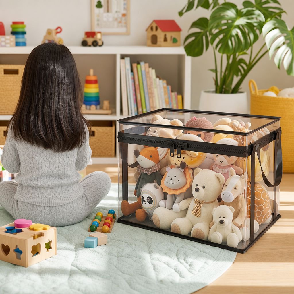 Household transparent toy storage box with lid, plush toy basket, building block and snack organizer