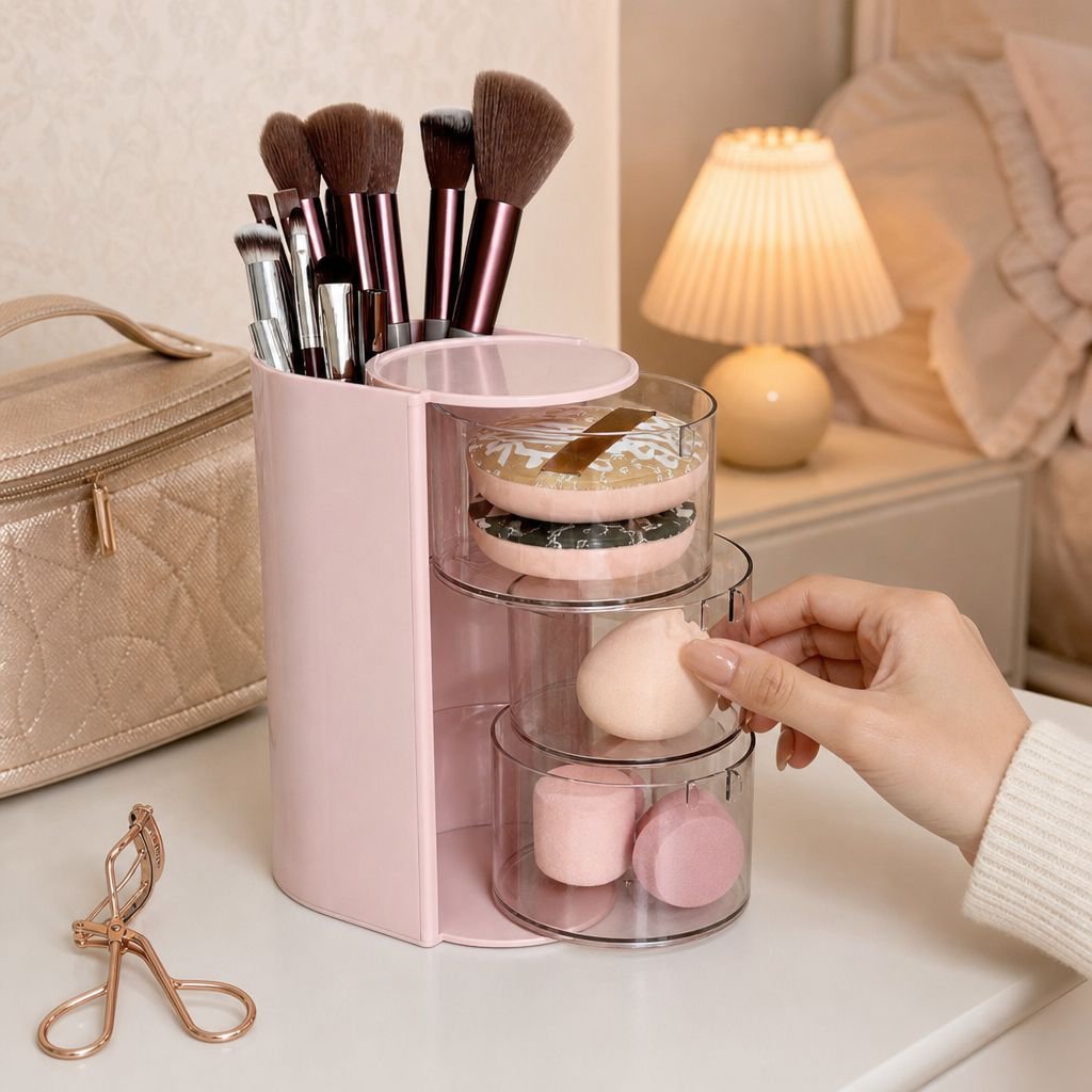 Vanity Desktop Rotating Puff & Makeup Brush Dustproof Storage Box