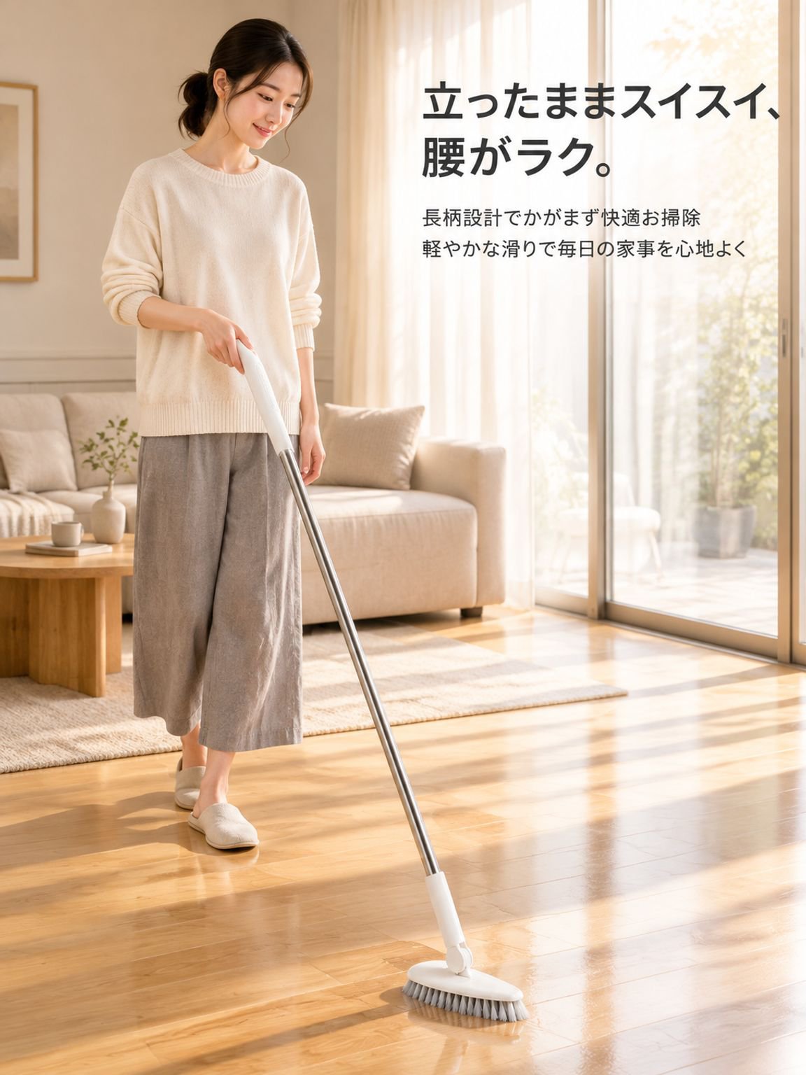 家庭用ロングモップ 壁掛け収納で省スペース、すき間や汚れも簡単お掃除