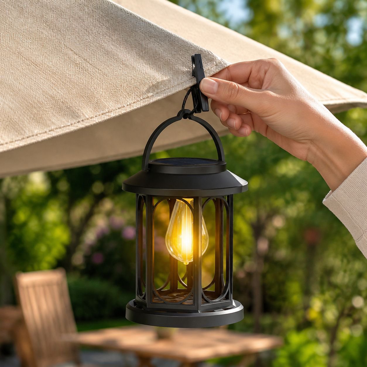 Outdoor solar garden light glowing in the evening