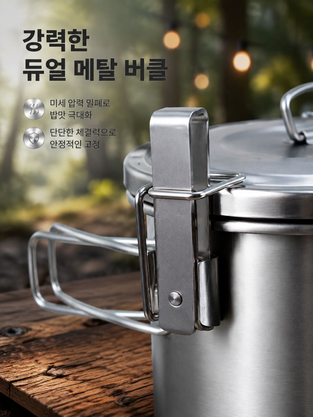 캠핑장에서 사용 중인 휴대용 걸이냄비