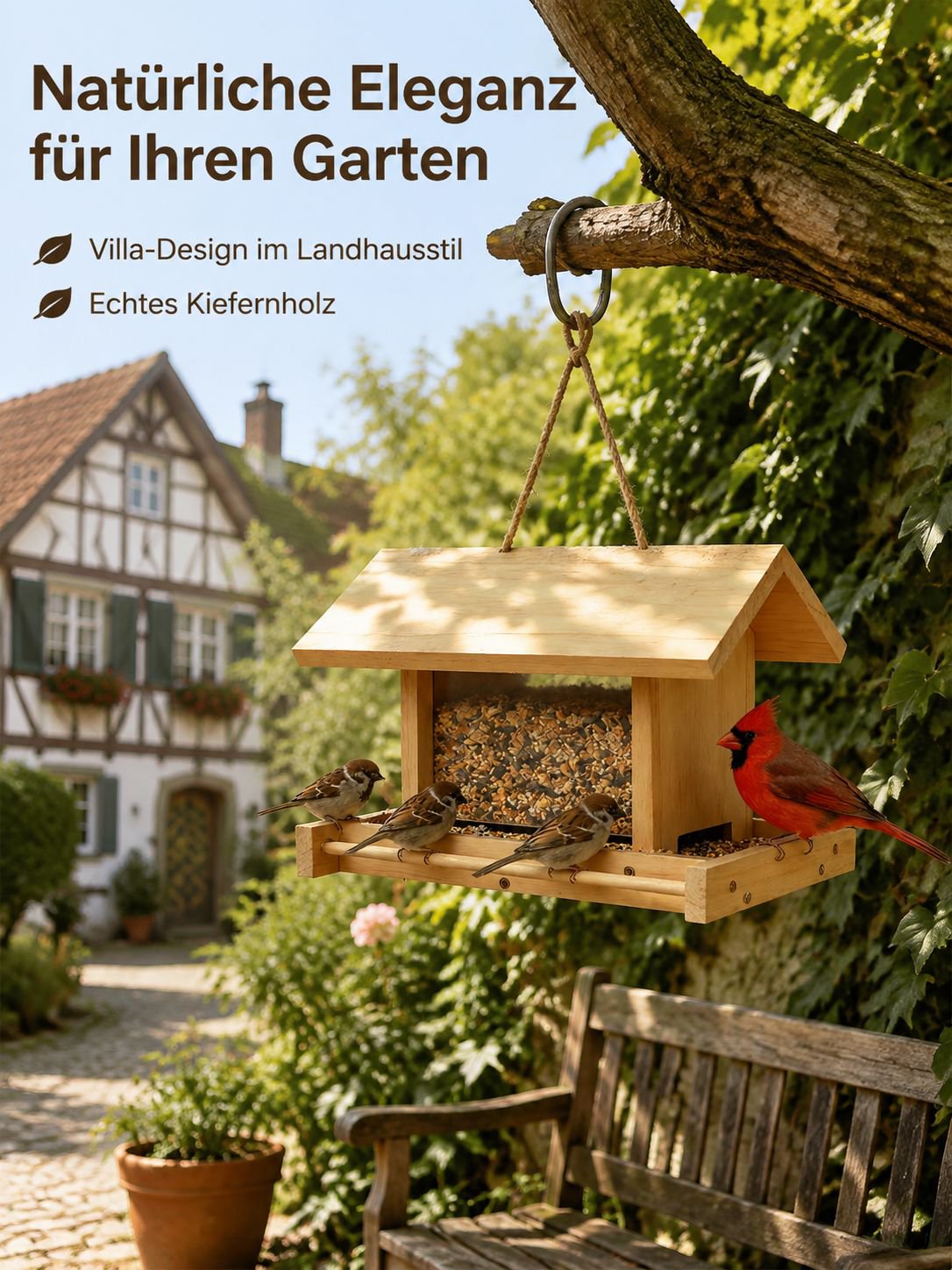 Vogel-Futterstation aus Kiefernholz, Villa-Stil, Pastoralischer Garten und Balkon-Hängedeko