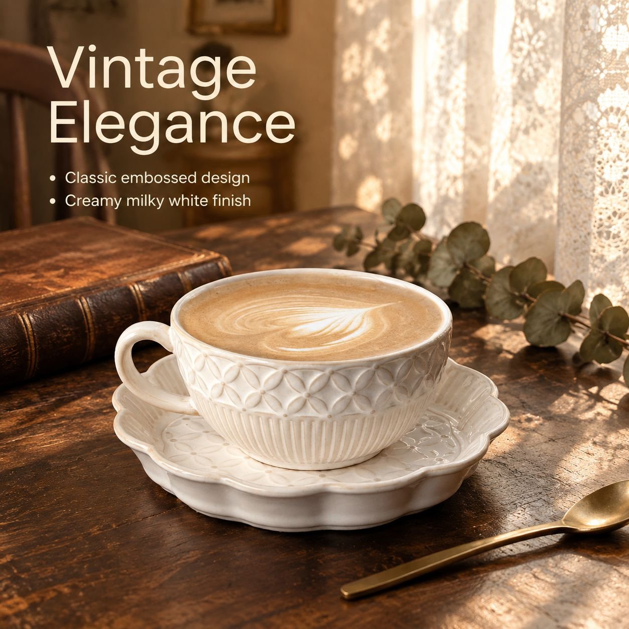 French-style embossed coffee cup and saucer set