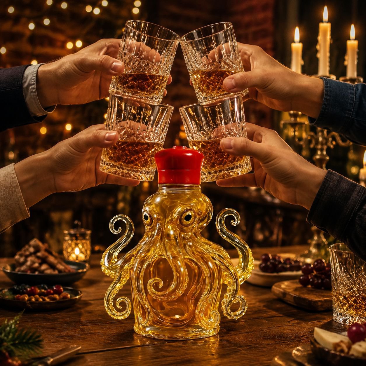 Octopus design whiskey bottle as centerpiece in home bar