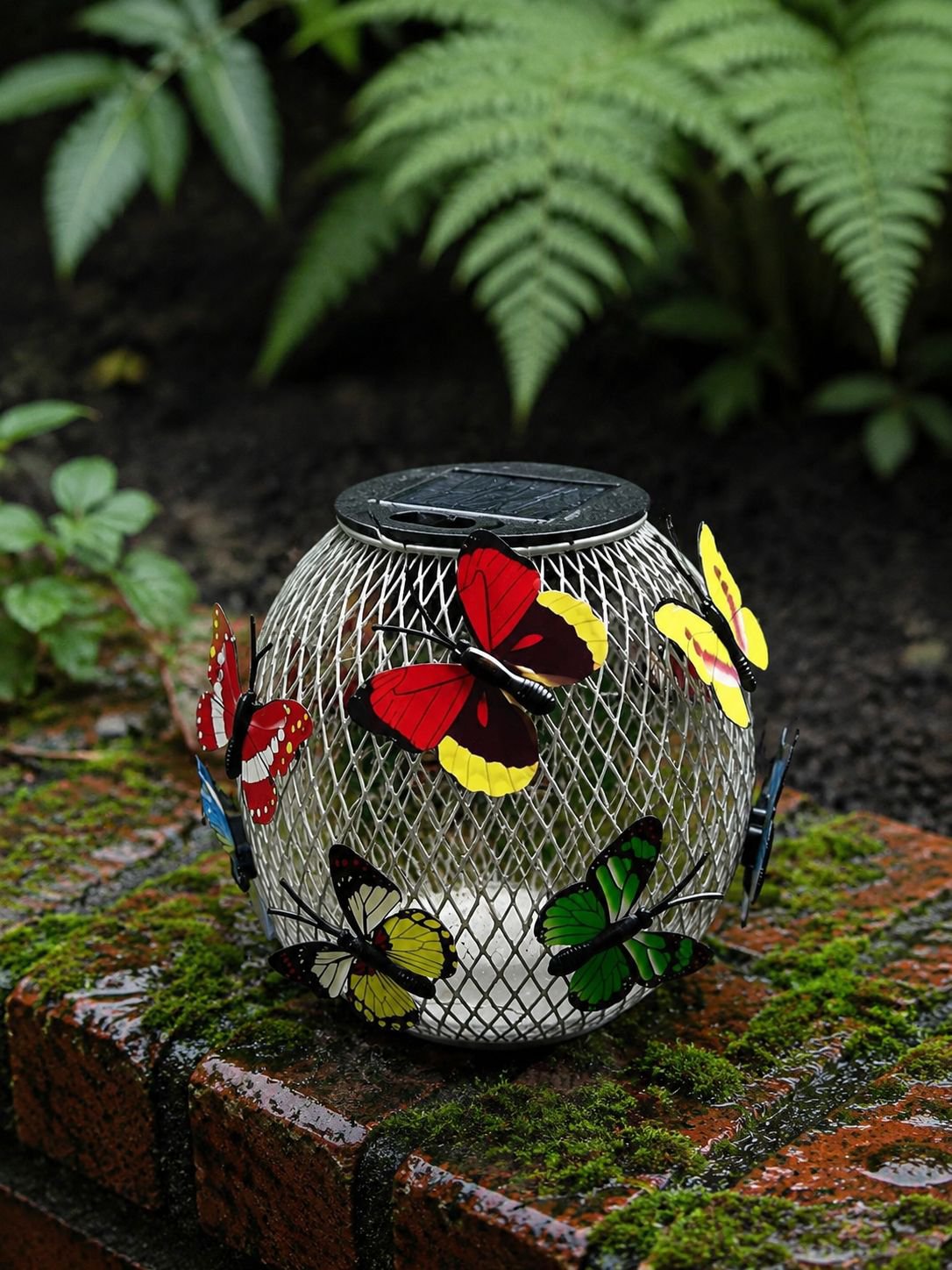 Close-up of solar butterfly lamp with glowing wings