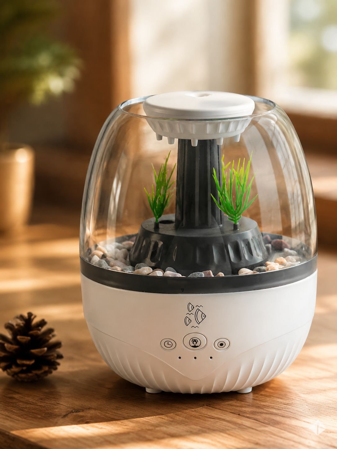 Modern fish tank style humidifier releasing mist