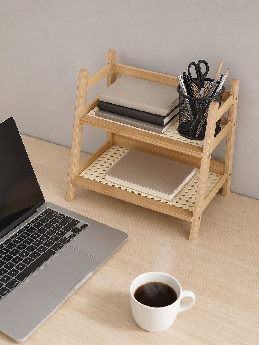 Trapezoidal desktop shelf for books and kitchen storage