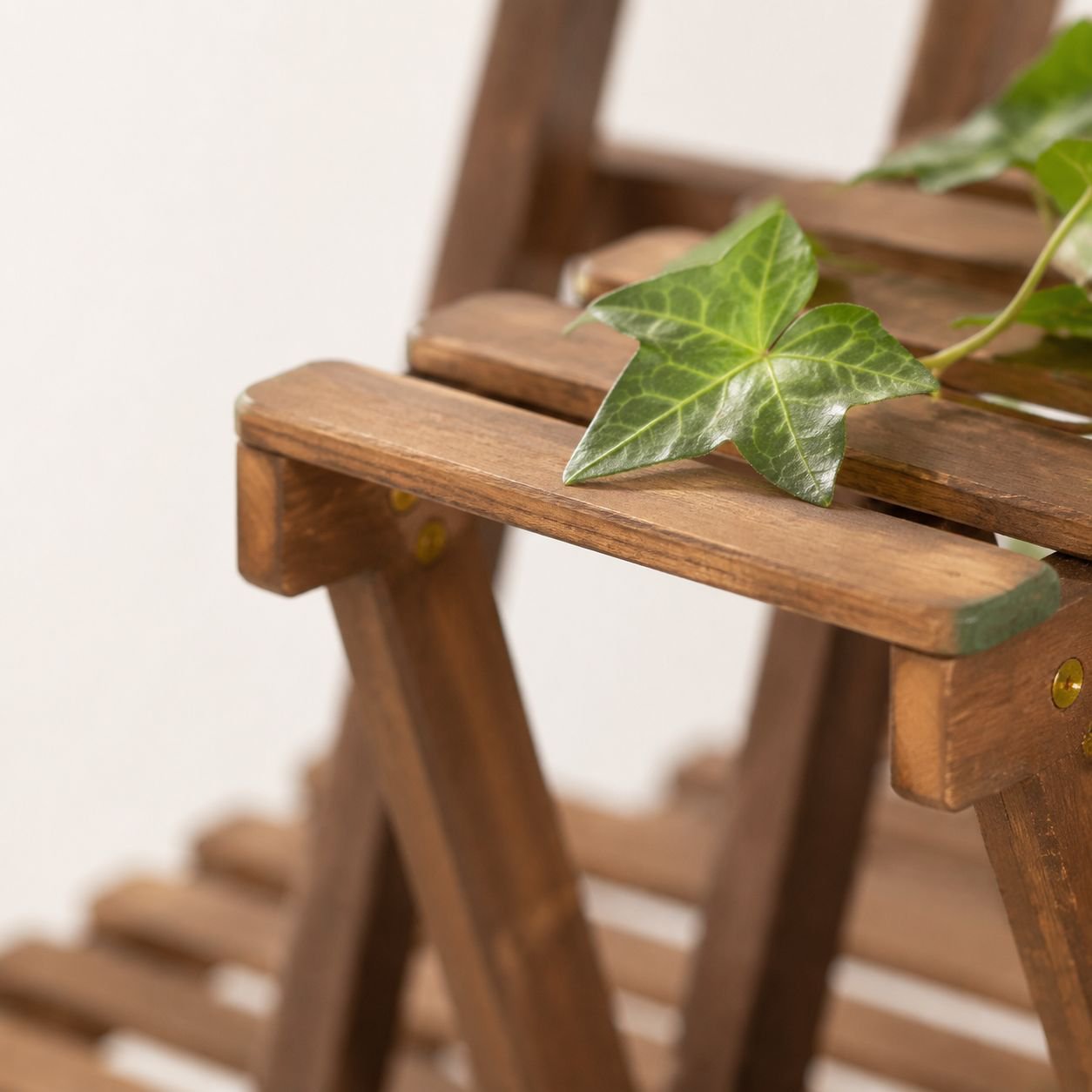 Dekoratives Pflanzenregal aus Holz mit Sukkulenten und Blumen