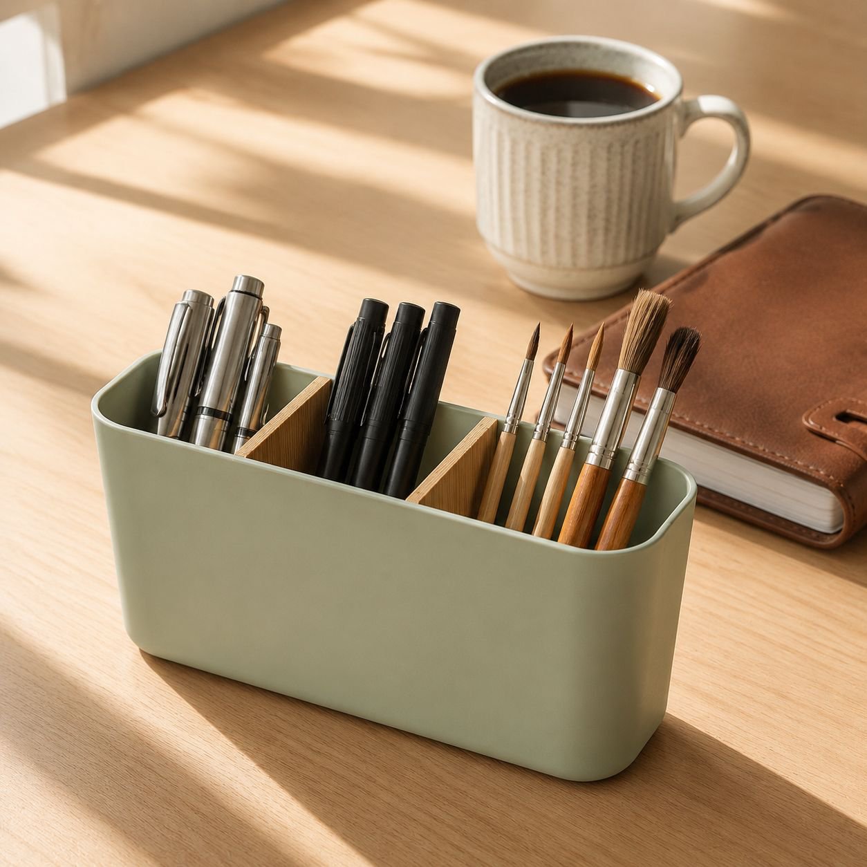 Bamboo and wood desktop multi-compartment office storage box with detachable compartments