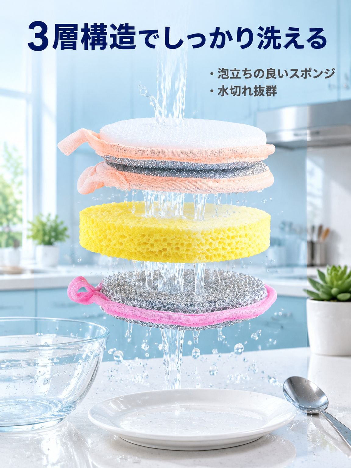 両面丸型食器洗いスポンジブラシ
