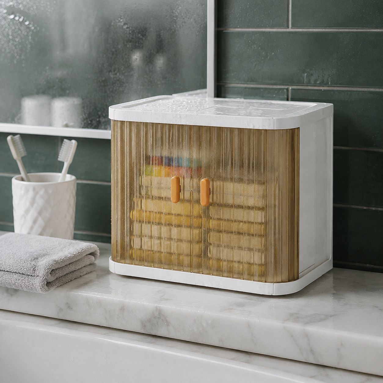 Spacious storage compartments inside the vanity organizer cabinet