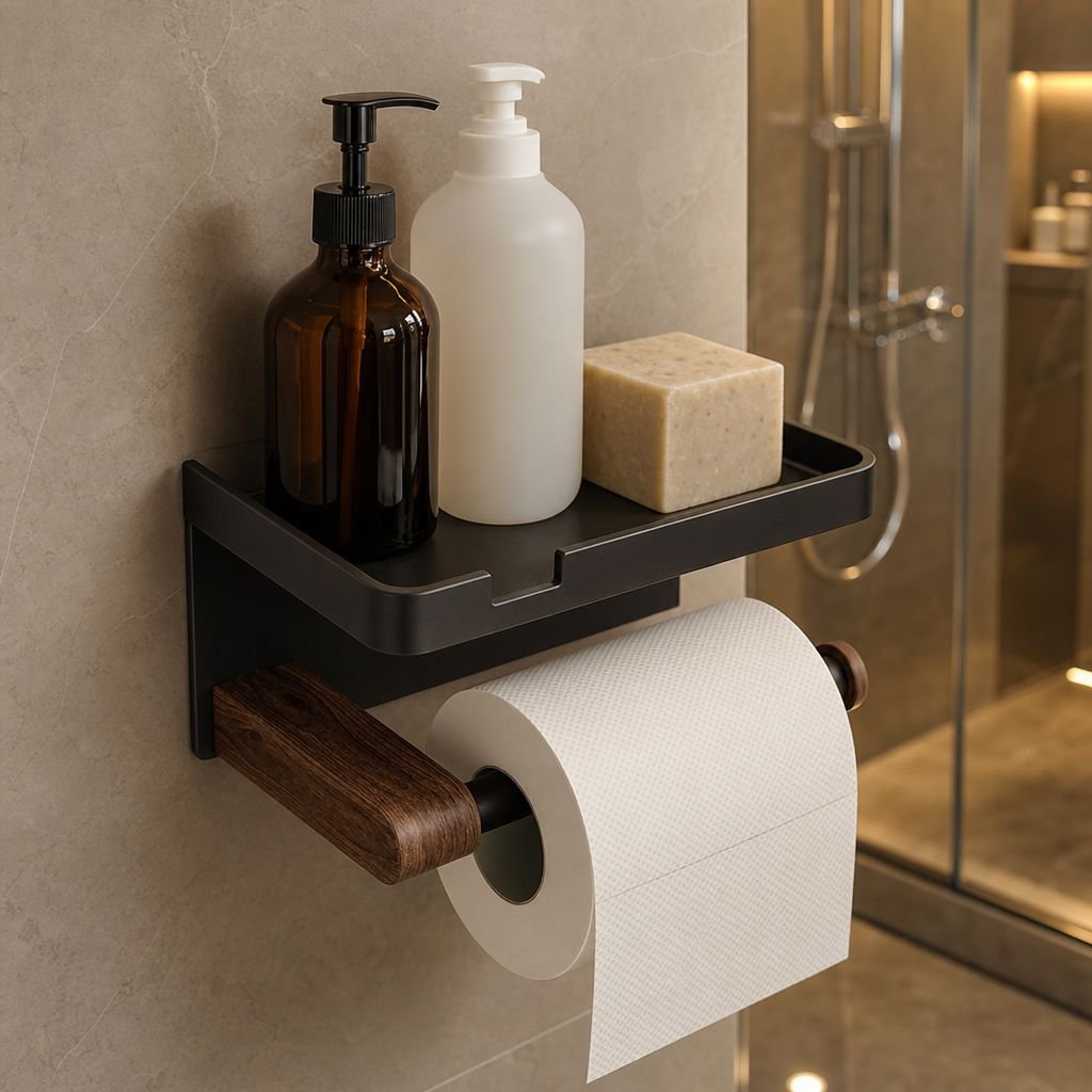 Close-up of nonslip surface on walnut bathroom shelf