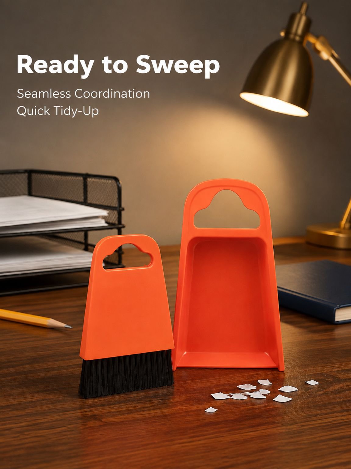 Desktop mini cleaning tool set, includes small broom, dustpan, and cleaning shovel