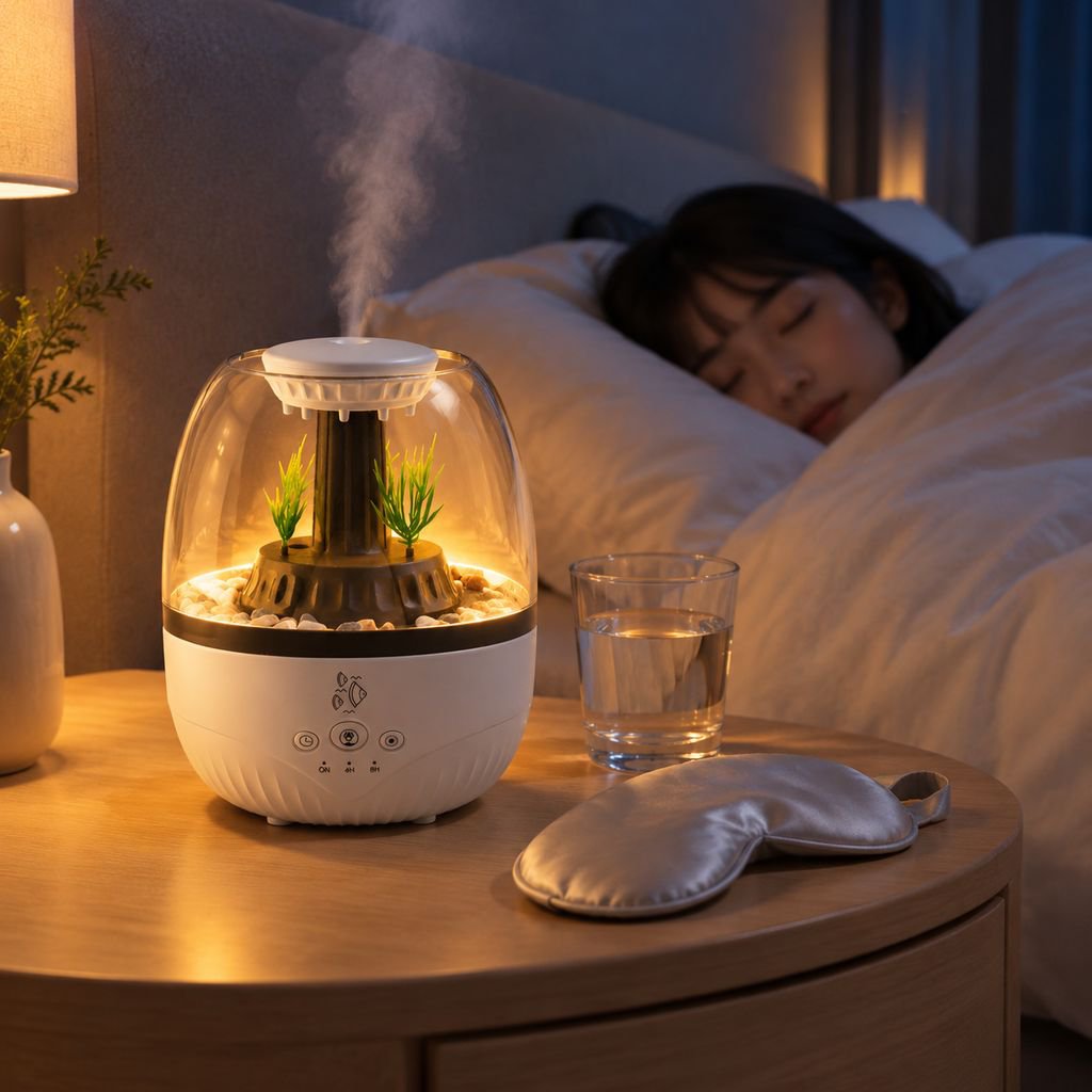 水景風アロマ加湿器、超静音設計、7色LEDライト、タイマー機能付き、快適なデスク空間を演出