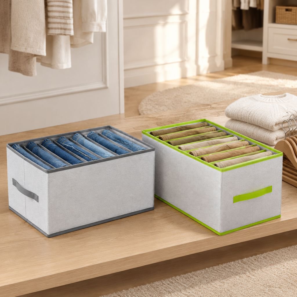 Foldable Partitioned Storage Bin for Pants and Clothing