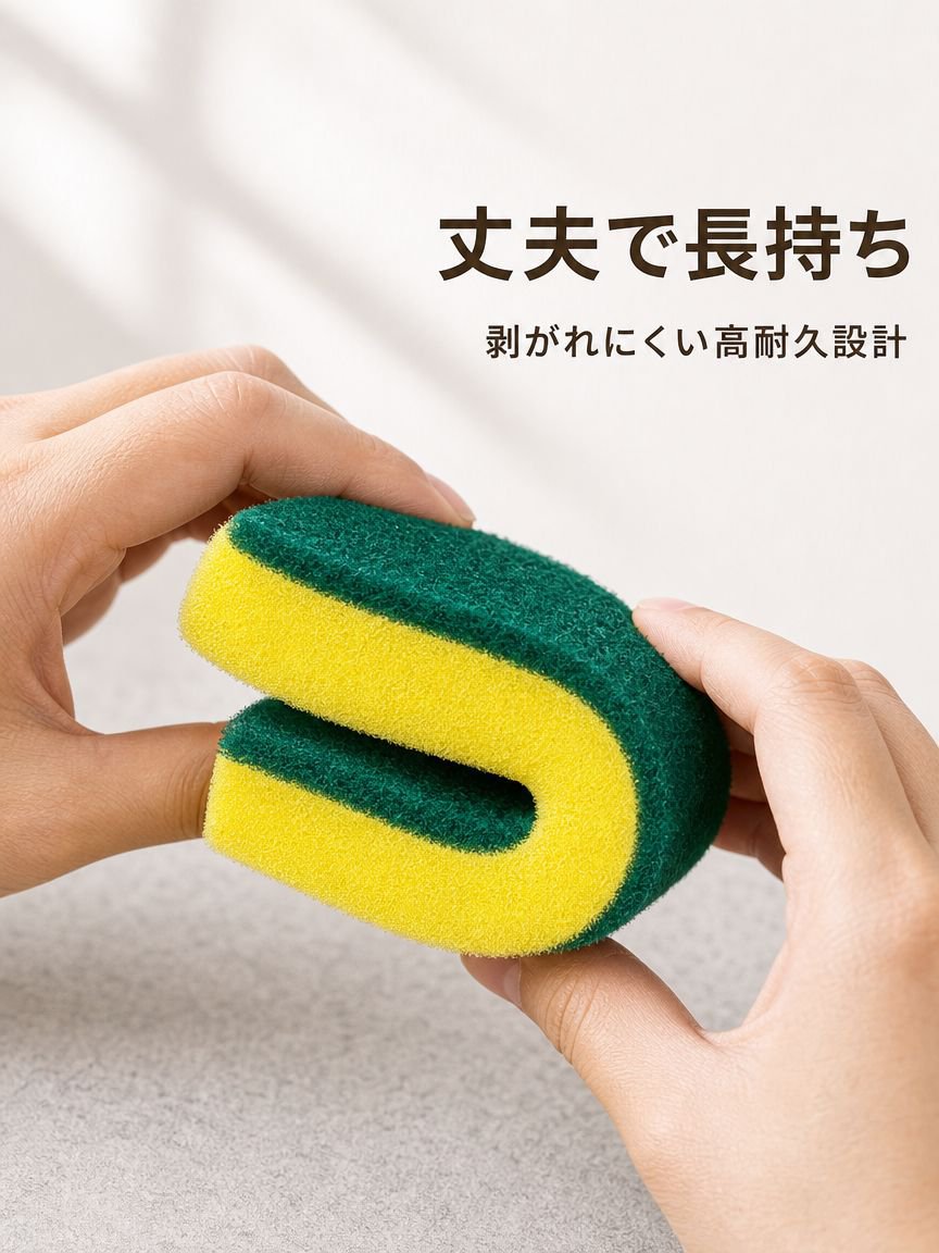 手に持った家庭用鍋洗いスポンジたわし