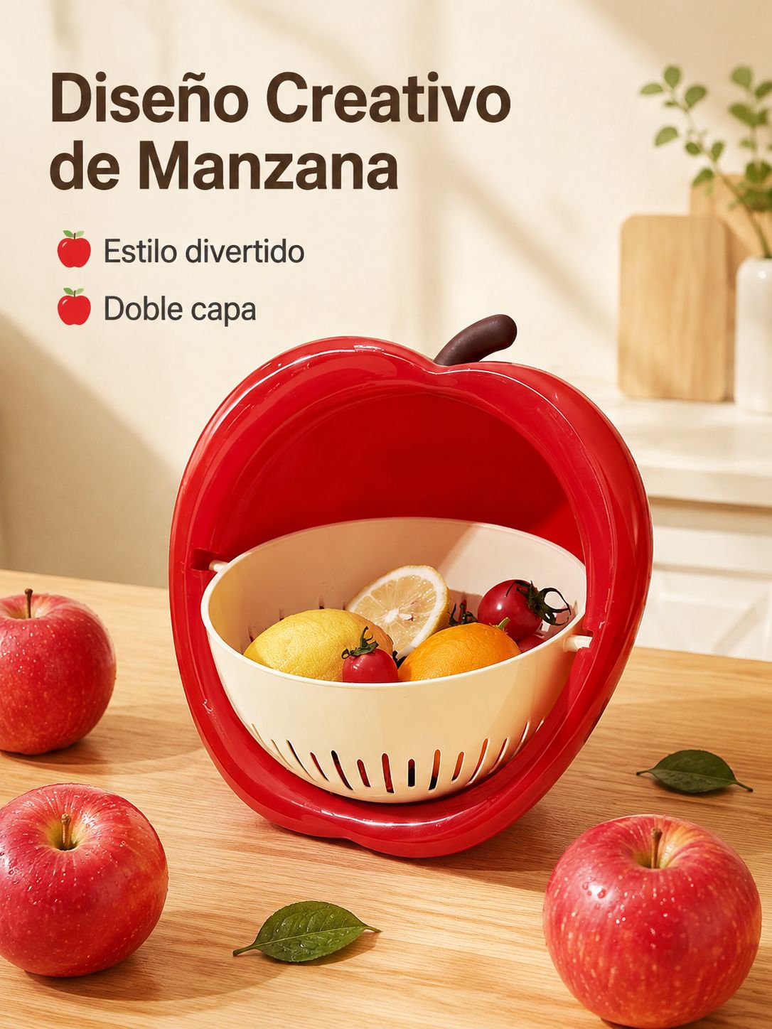 Escurridor giratorio de doble capa con forma de fruta