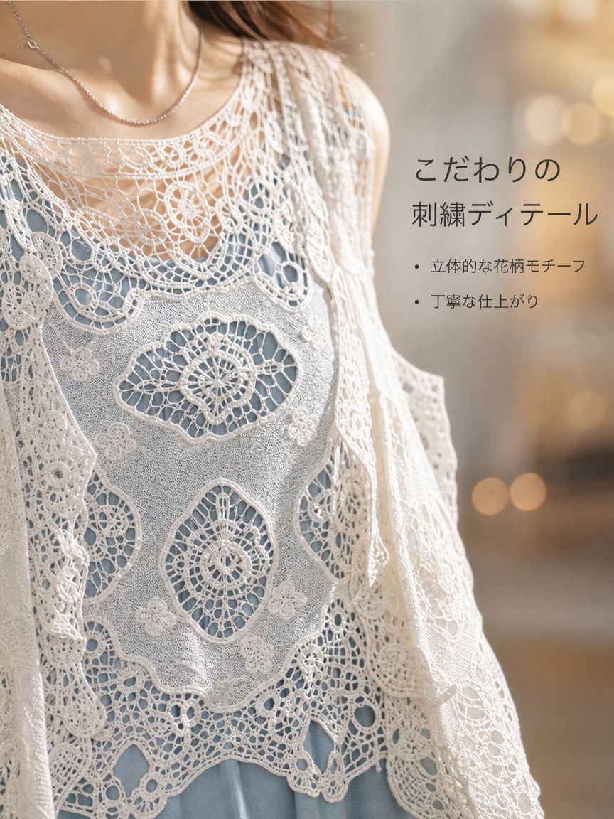 ボヘミアン風ショート丈日焼け防止ジャケット レディース トップス アウター カーディガン ノースリーブ 刺繍入り くり抜き 日焼け防止シャツ