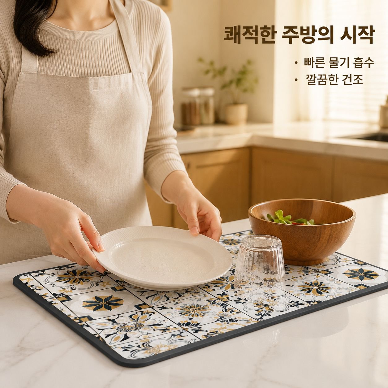 주방 조리대용 레트로 플로럴 타일 배수 매트