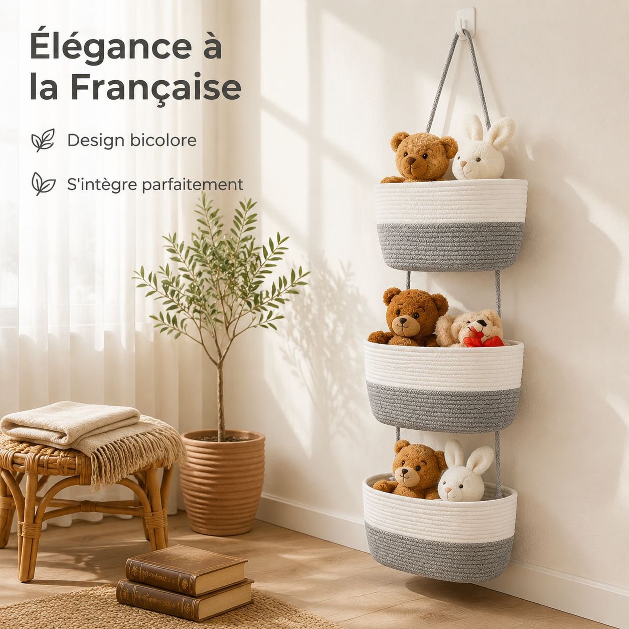 JMY panier suspendu à trois couches panier de rangement tissé en corde de coton