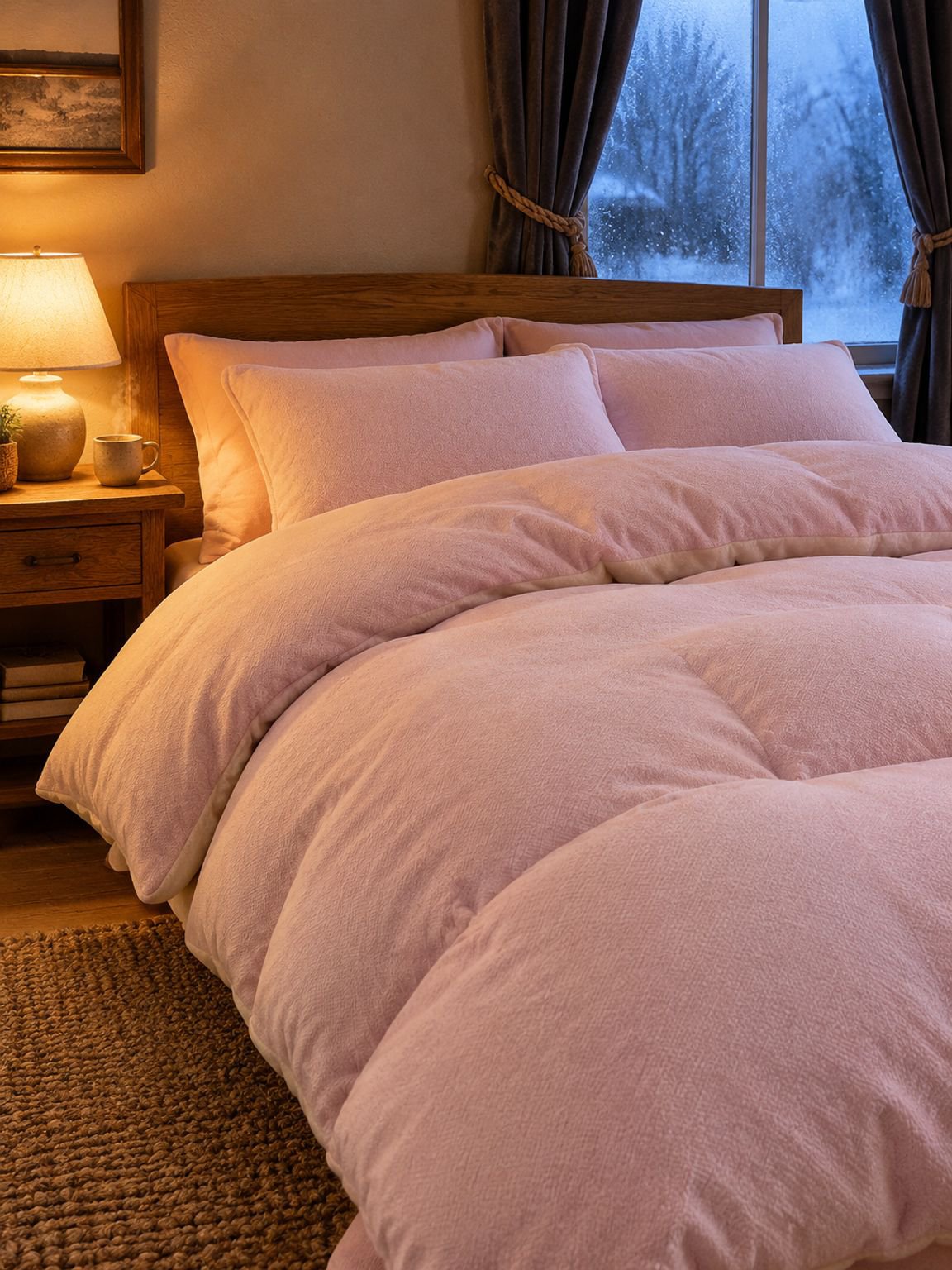 Juego de sábanas de felpa tipo leche 4 piezas en cama matrimonial