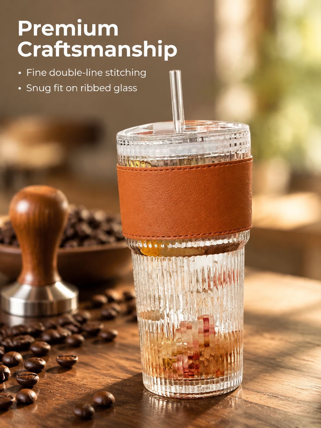 Modern striped glass cup filled with hot tea