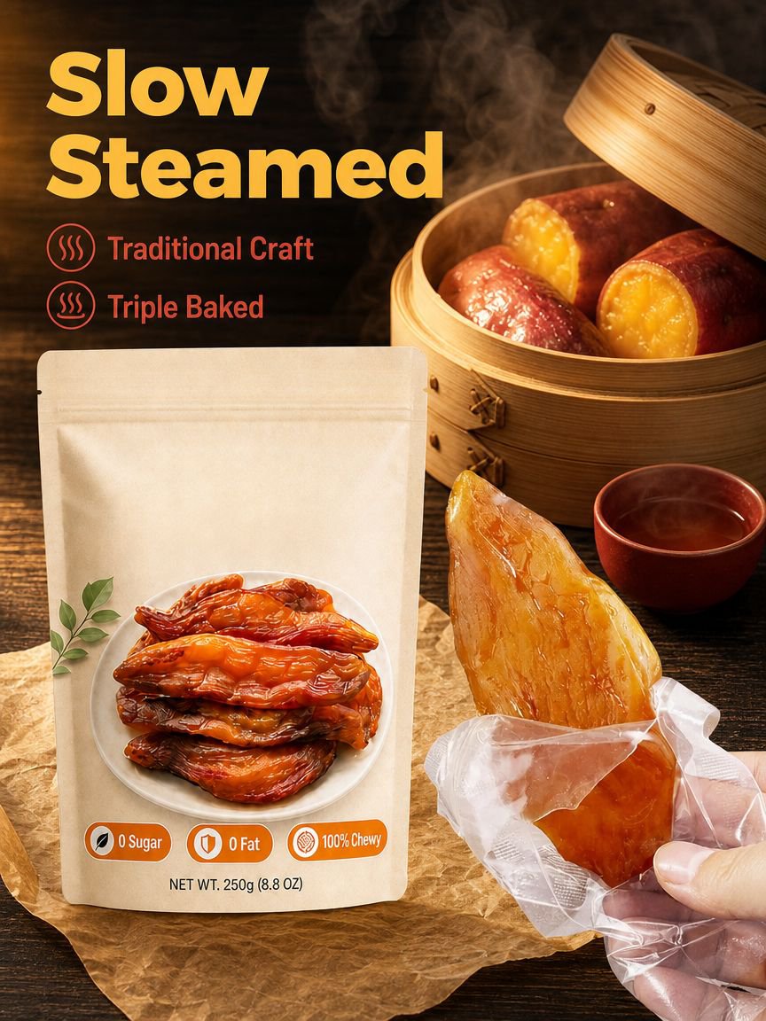 Close-up of healthy steamed sweet potato snack pieces