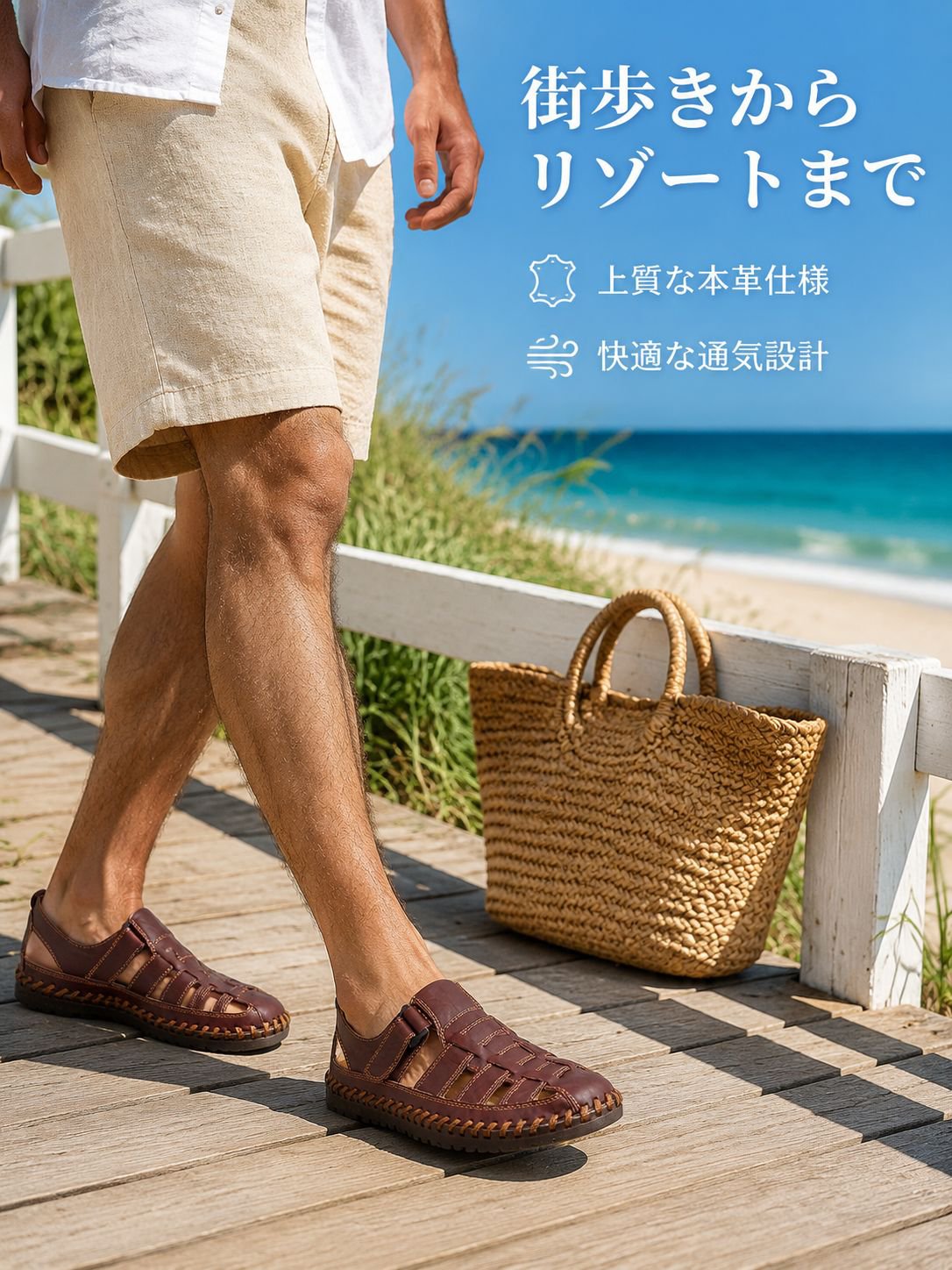 つま先が覆われ、パンチング加工が施された、メンズの夏用本革サンダル。トレンディなビーチシューズ、カジュアルシューズ。